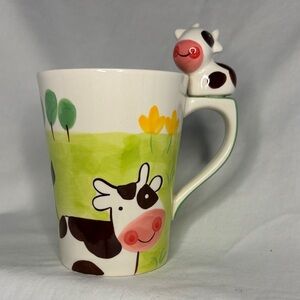 Indra Hand Pained Stoneware Happy Cow Coffee Tea Mug Cup 3D Hand Painted Vintage
